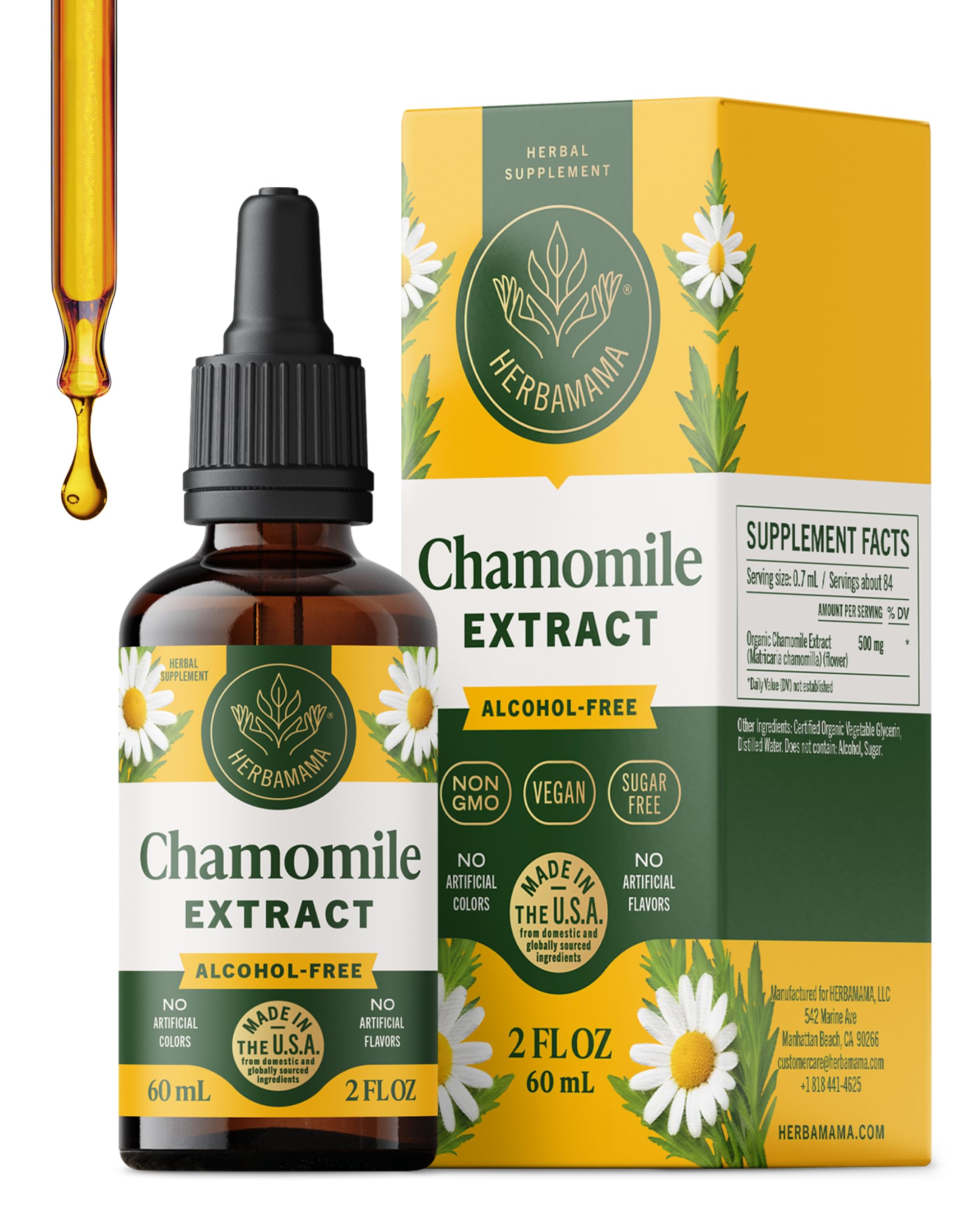 HERBAMAMA Chamomile tincture bottle on wood promoting gentle relaxation