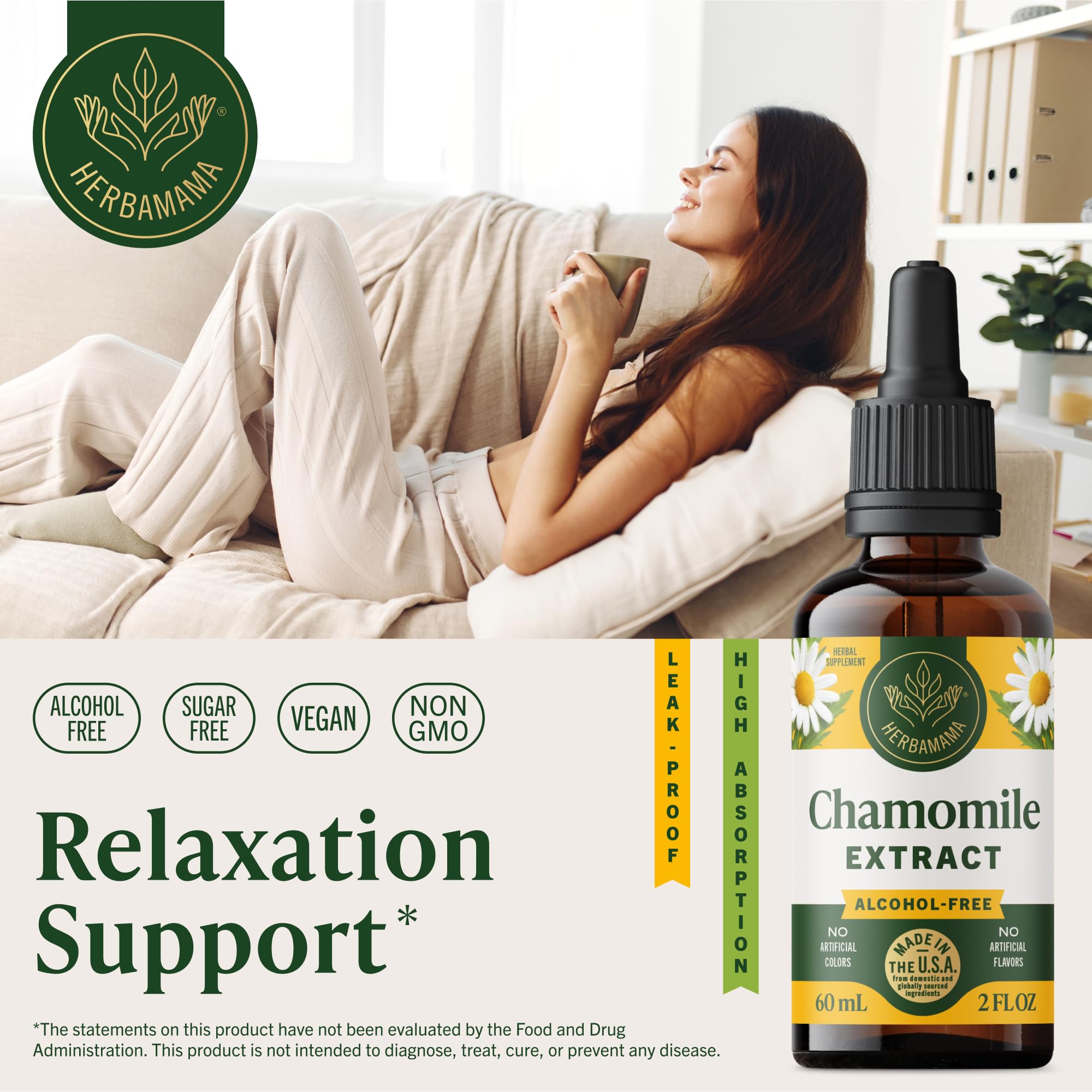 Dropper over glass promotes quick calm with natural chamomile