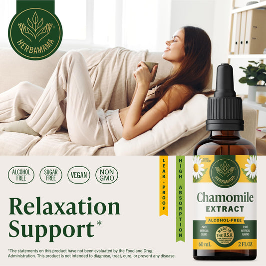 Dropper over glass promotes quick calm with natural chamomile