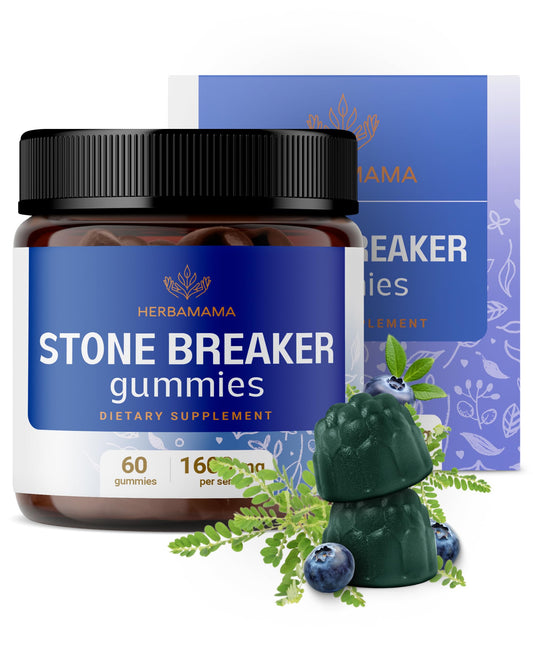 HERBAMAMA Chanca Piedra Stone Breaker bottle and gummies promoting kidney wellness on the go.