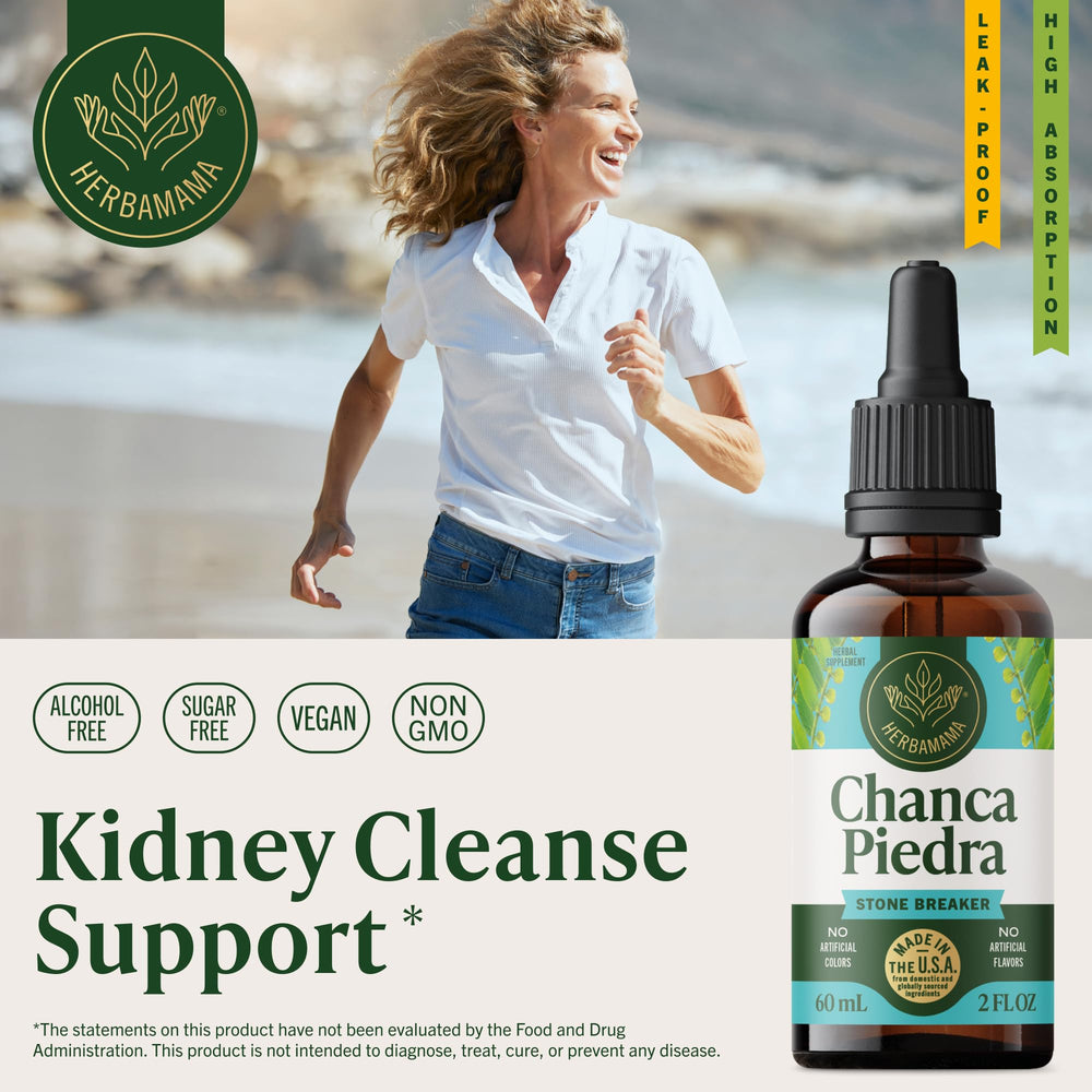 Chanca Piedra drops pouring from the bottle for easy dosing.