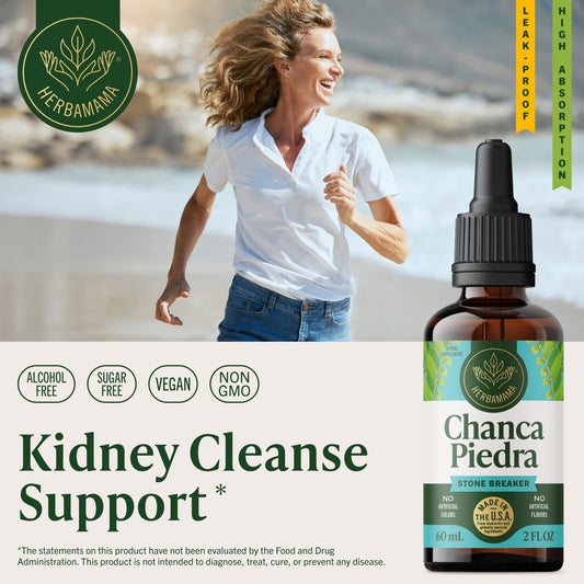 Chanca Piedra drops pouring from the bottle for easy dosing.