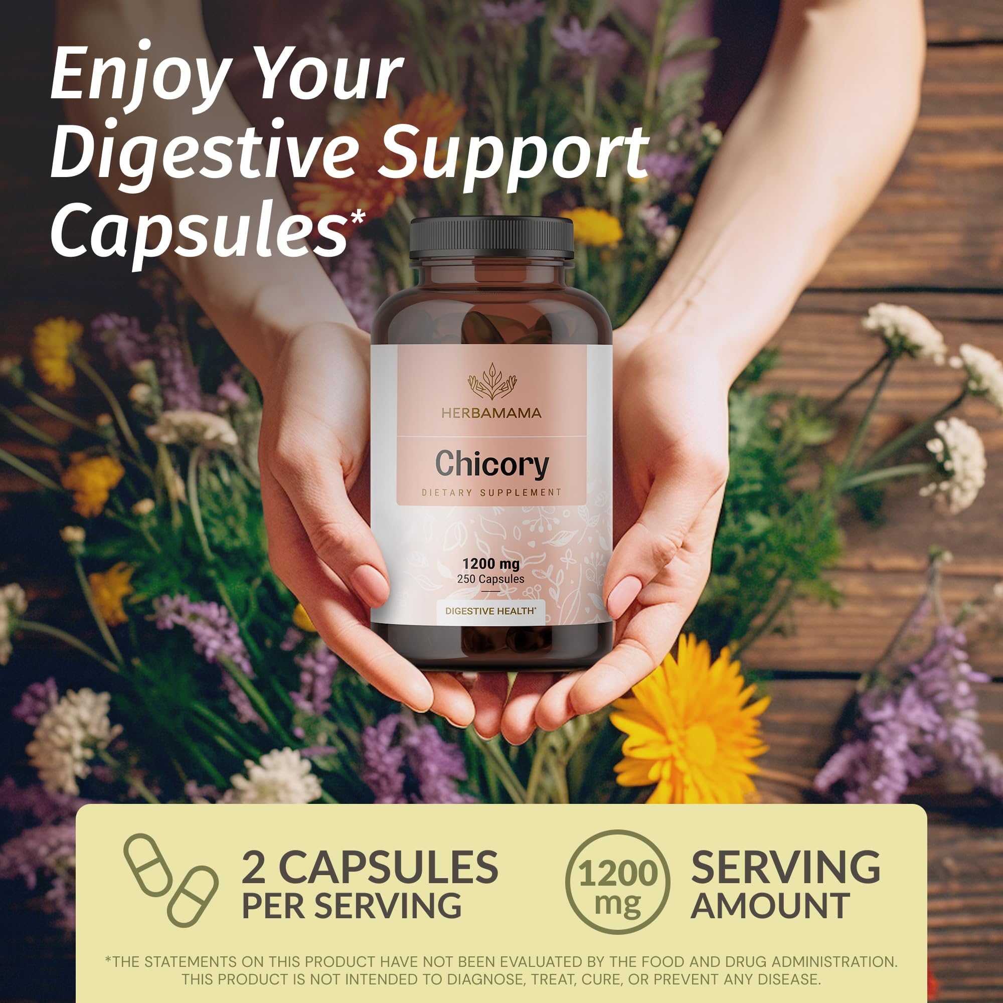 Close-up of HERBAMAMA Chicory Root Capsules showing vegan formula