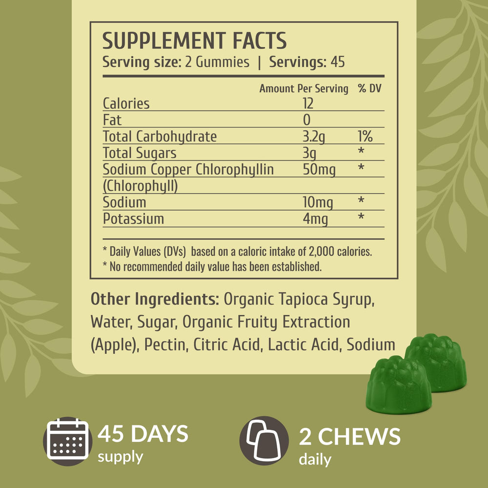 Apple-flavored HERBAMAMA Chlorophyll Detox Gummies for tasty daily detox