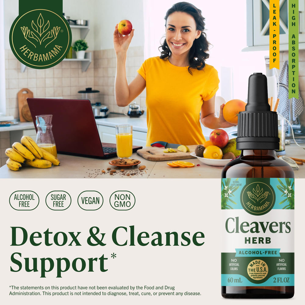 HERBAMAMA Cleavers tincture dropper pouring for easy use.