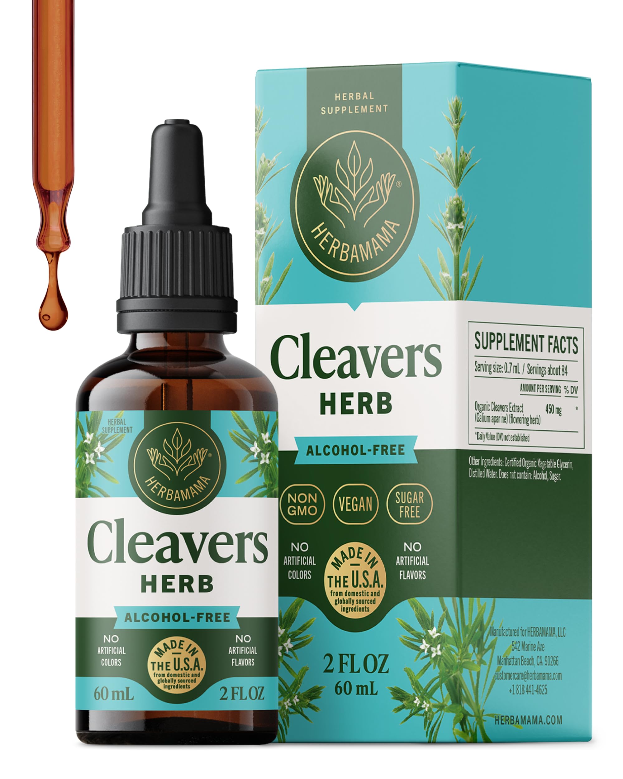 HERBAMAMA Cleavers leaf tincture bottle for gentle cleanse support.