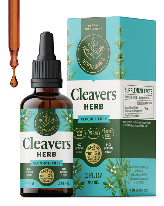HERBAMAMA Cleavers leaf tincture bottle for gentle cleanse support.