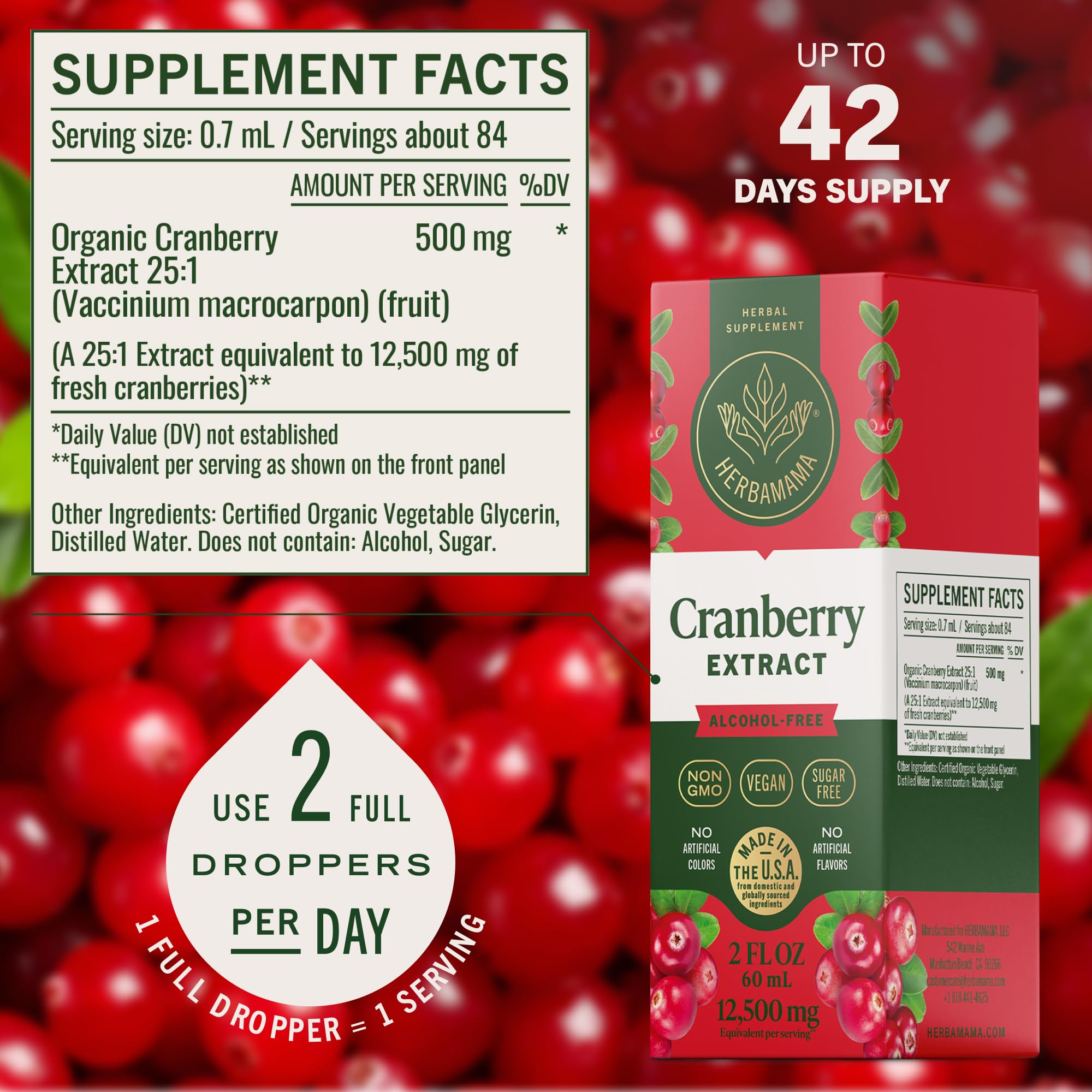 HERBAMAMA Cranberry Drops with glass of water for easy daily intake.