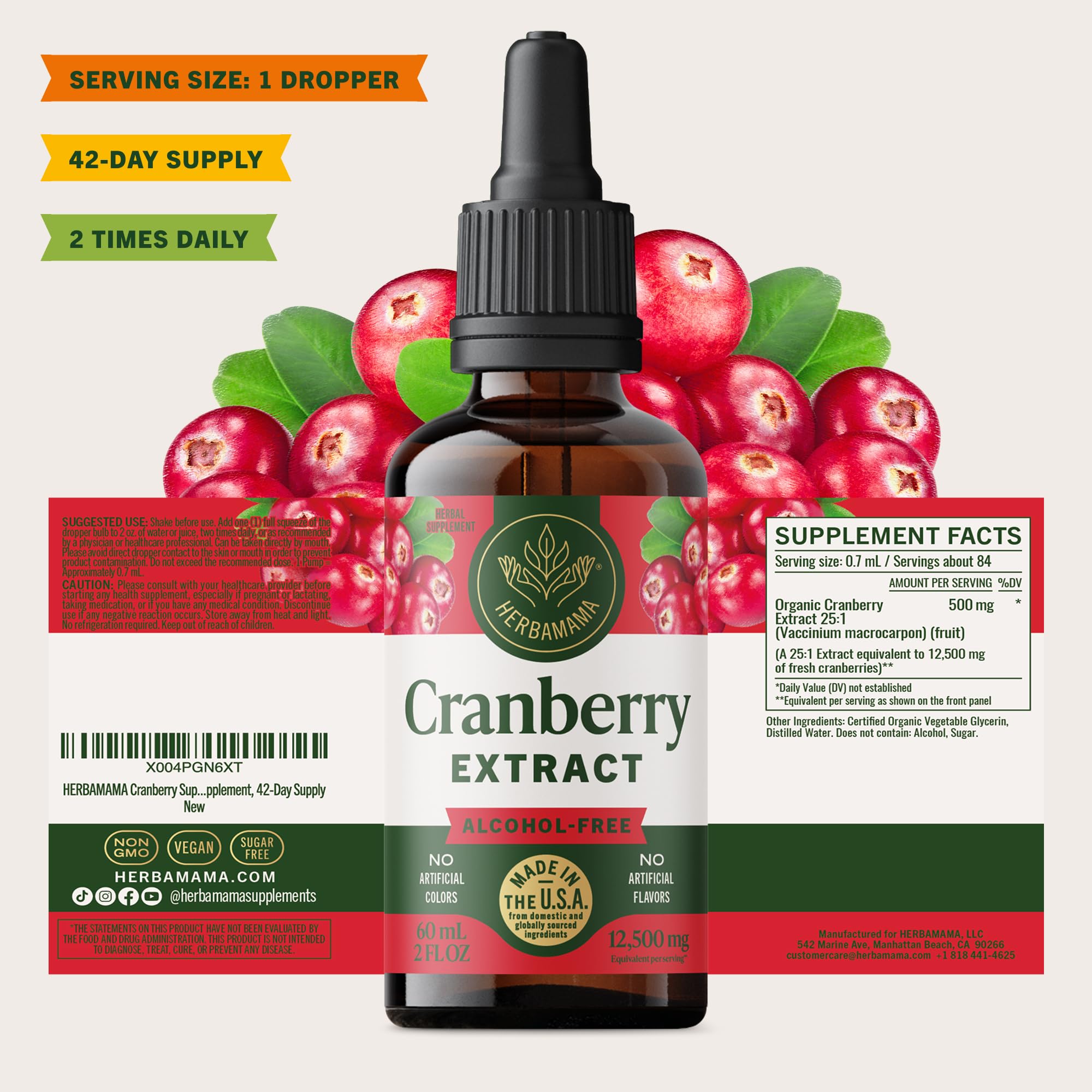 HERBAMAMA Cranberry Drops packaging shown for travel-friendly care.