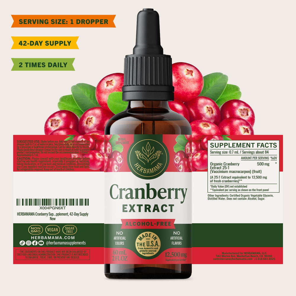 HERBAMAMA Cranberry Drops packaging shown for travel-friendly care.