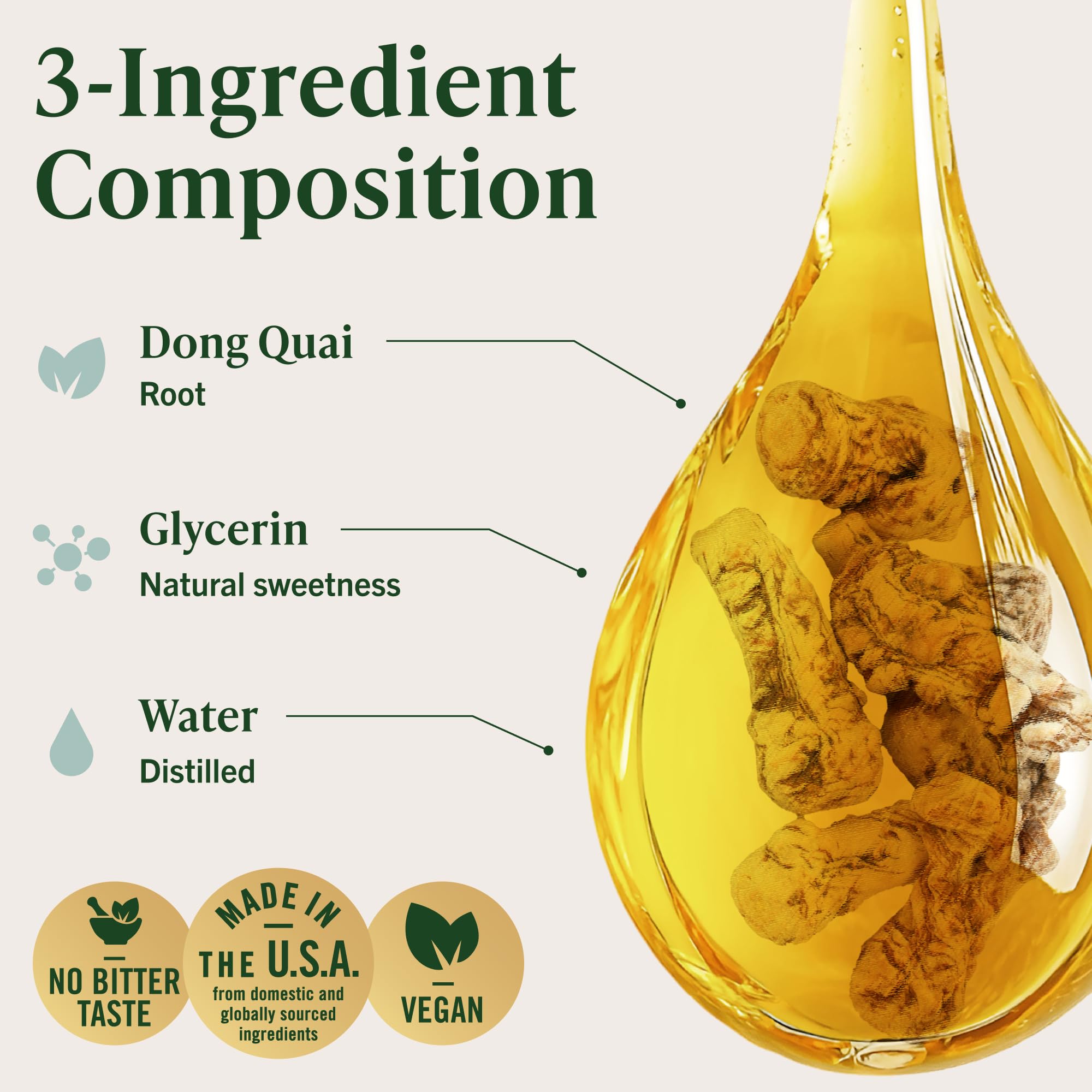 Label closeup emphasizing Angelica sinensis and three-ingredient formula.