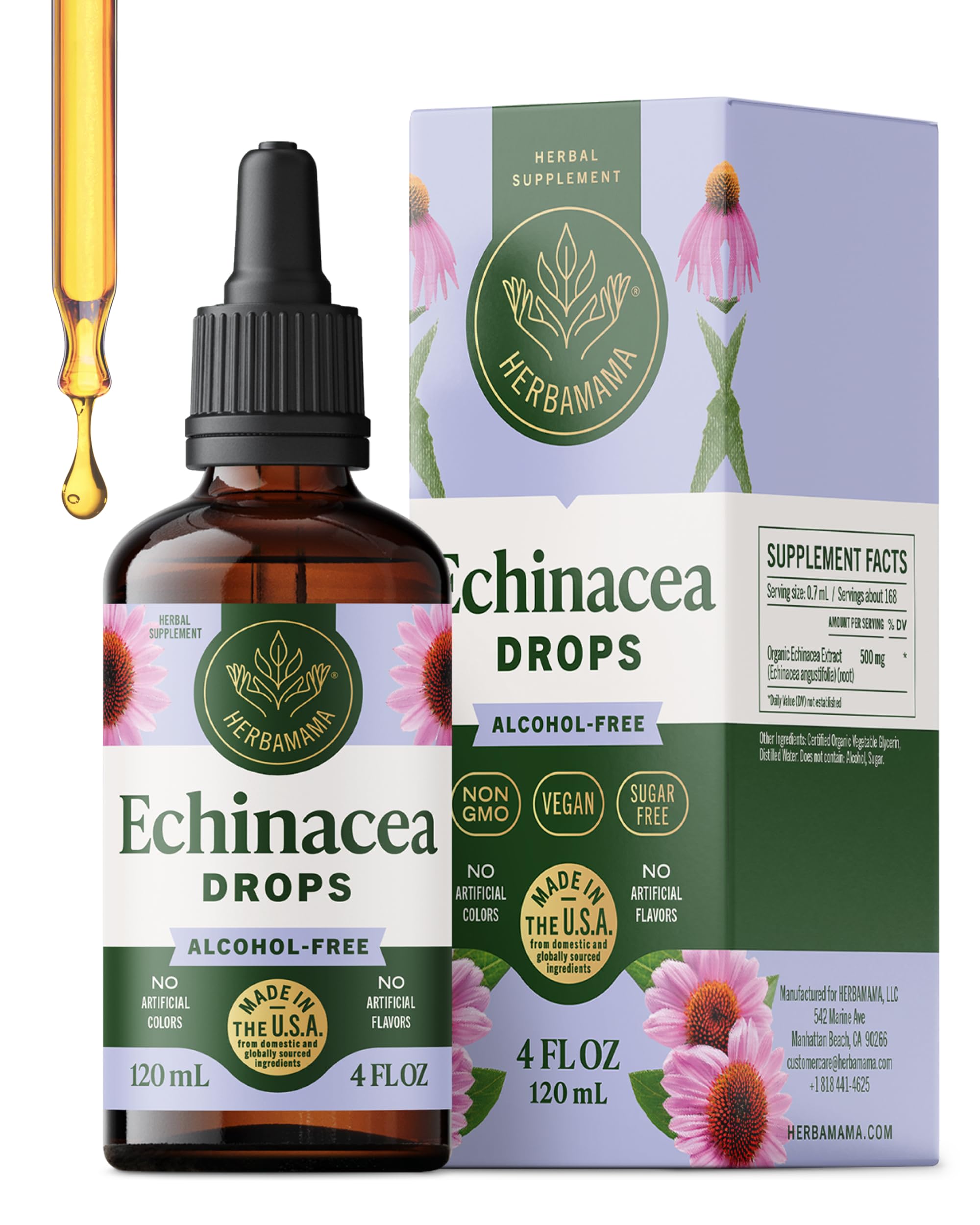 HERBAMAMA Echinacea tincture bottle front, highlighting vegan immune support.