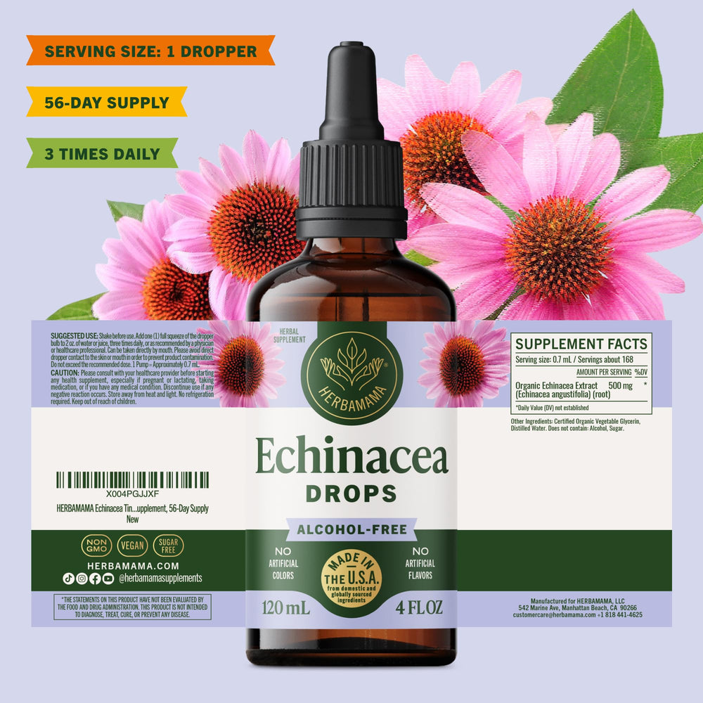 HERBAMAMA Echinacea tincture bottle shows non-GMO vegan profile.