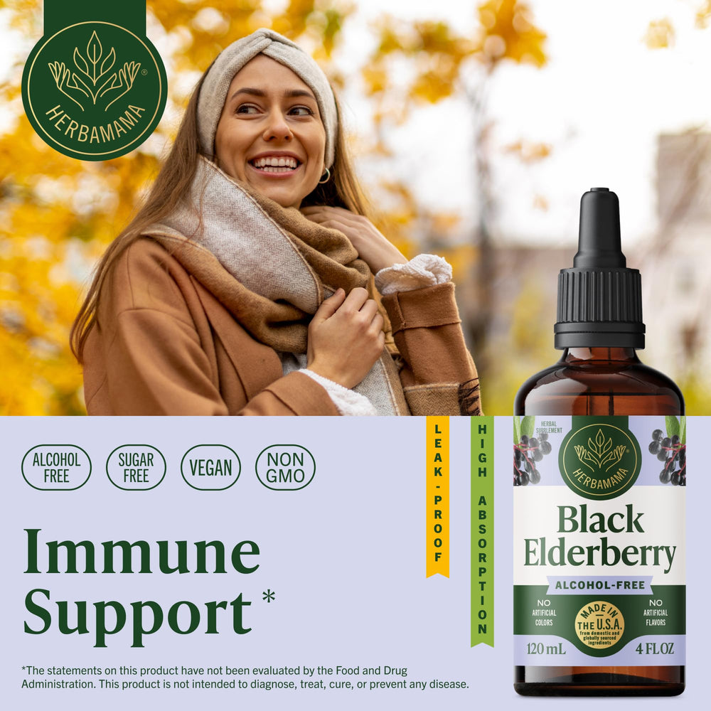 HERBAMAMA dropper and bottle on glass illustrate simple daily immune support use.