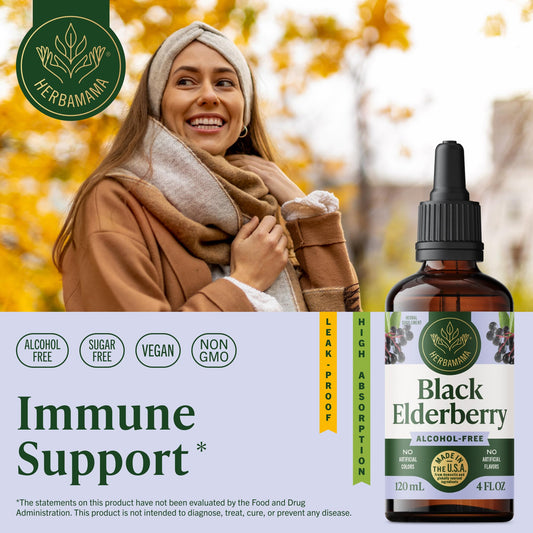 HERBAMAMA dropper and bottle on glass illustrate simple daily immune support use.