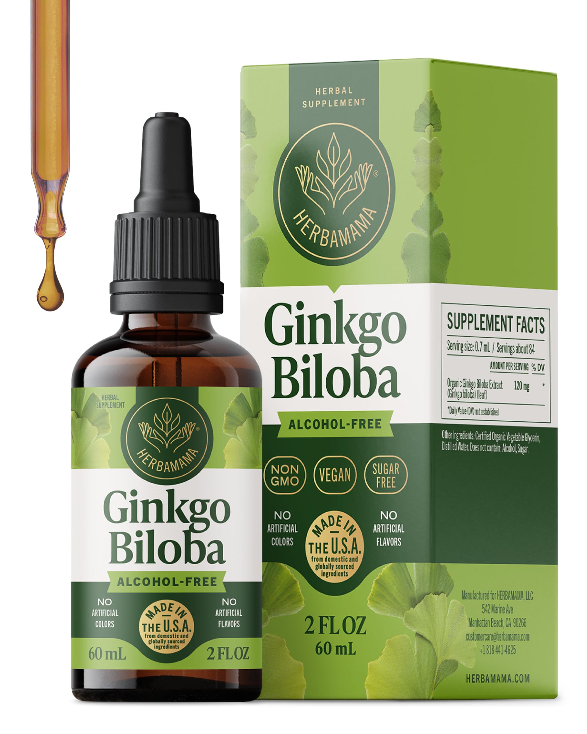 Herbamama Ginkgo Biloba tincture bottle label signals vegan, non-GMO brain support.