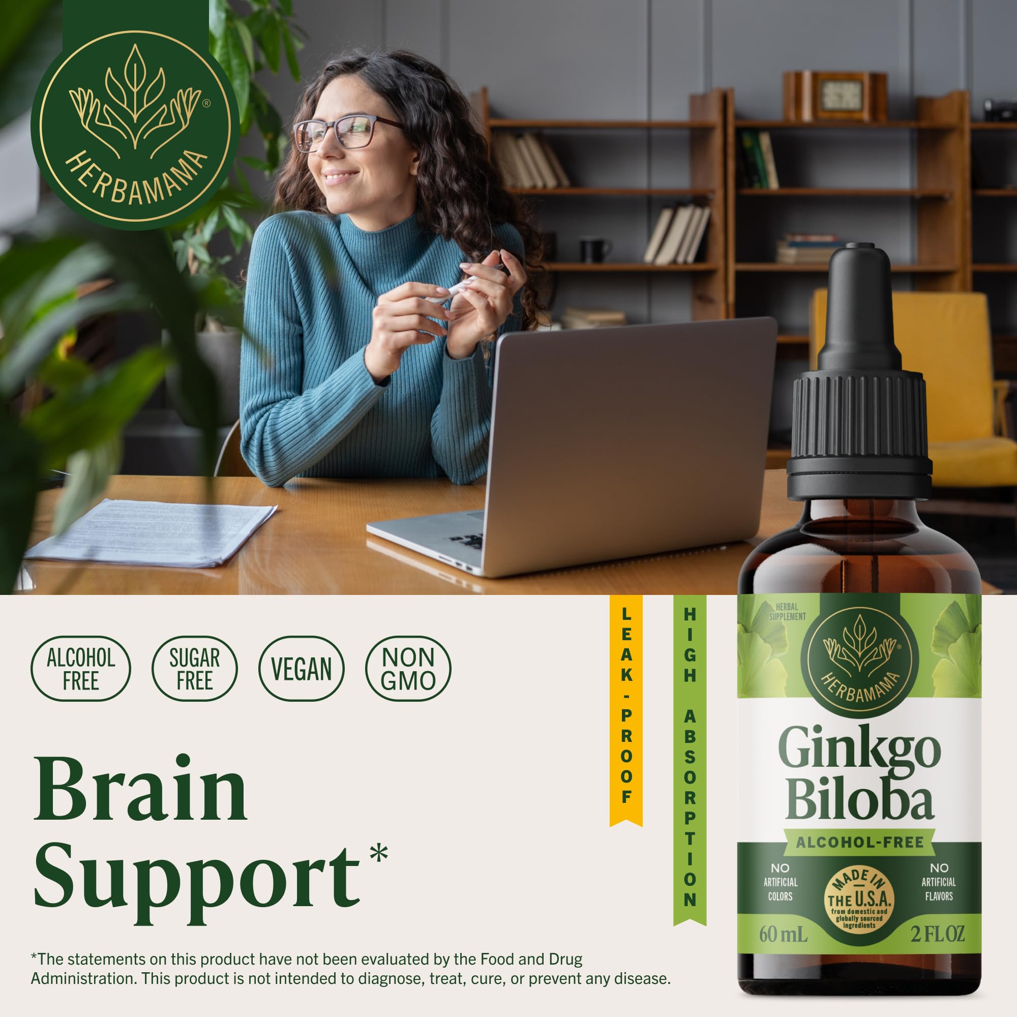 Herbamama tincture dropper dispenses drops for easy daily focus.