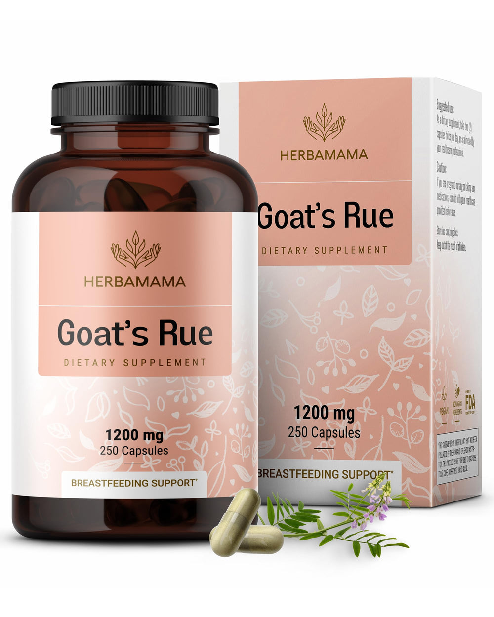 HERBAMAMA Goat's Rue capsules bottle for vegan lactation support on the go