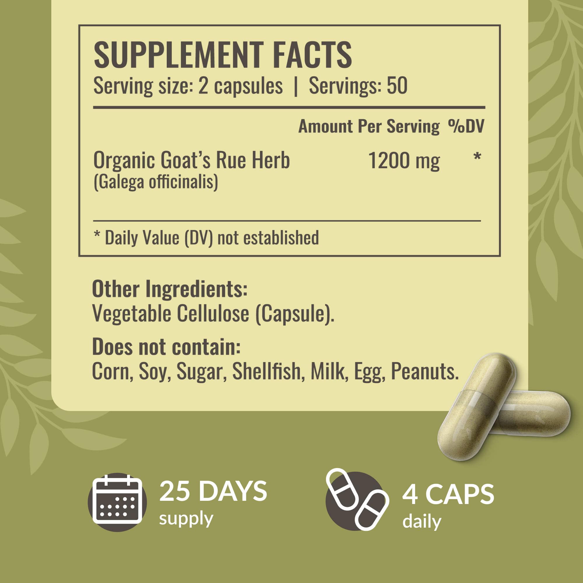 View of ingredients showing Goat's Rue herb in a simple two-ingredient capsule