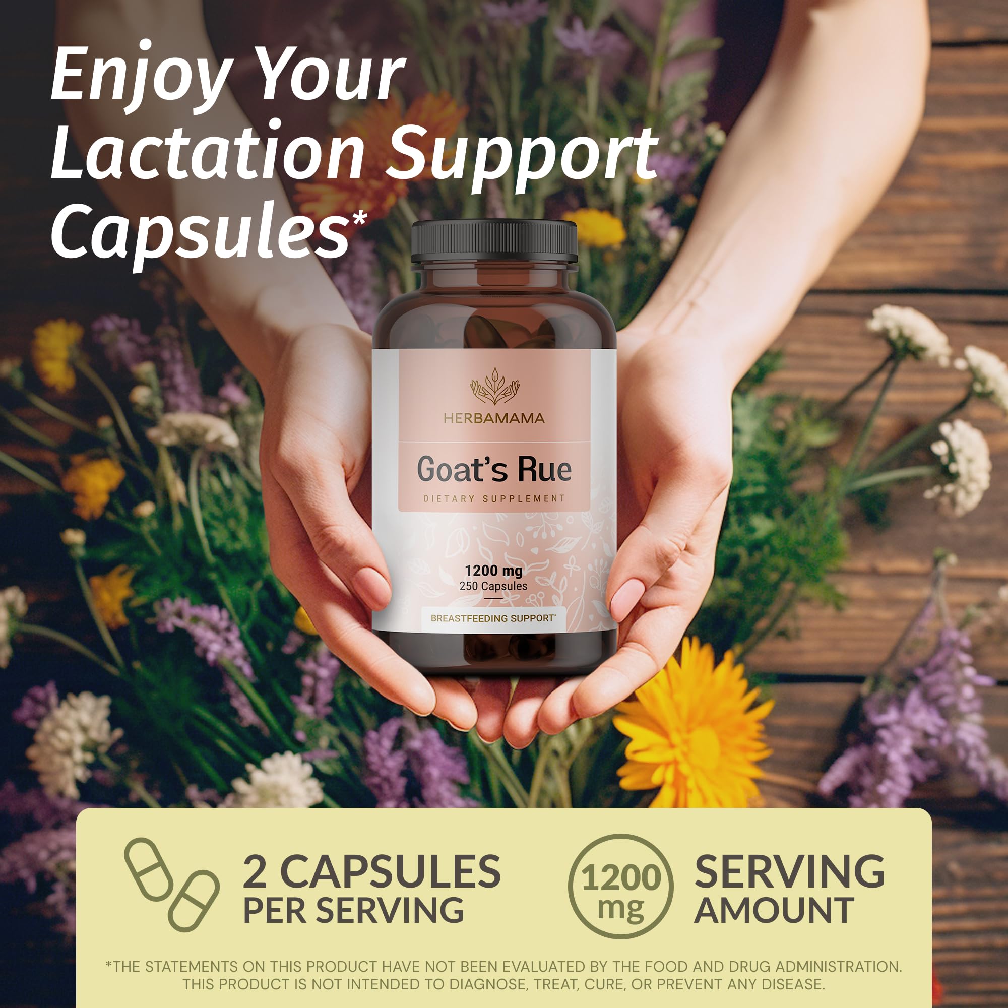 HERBAMAMA Goat's Rue capsules packaging showing two-ingredient formula