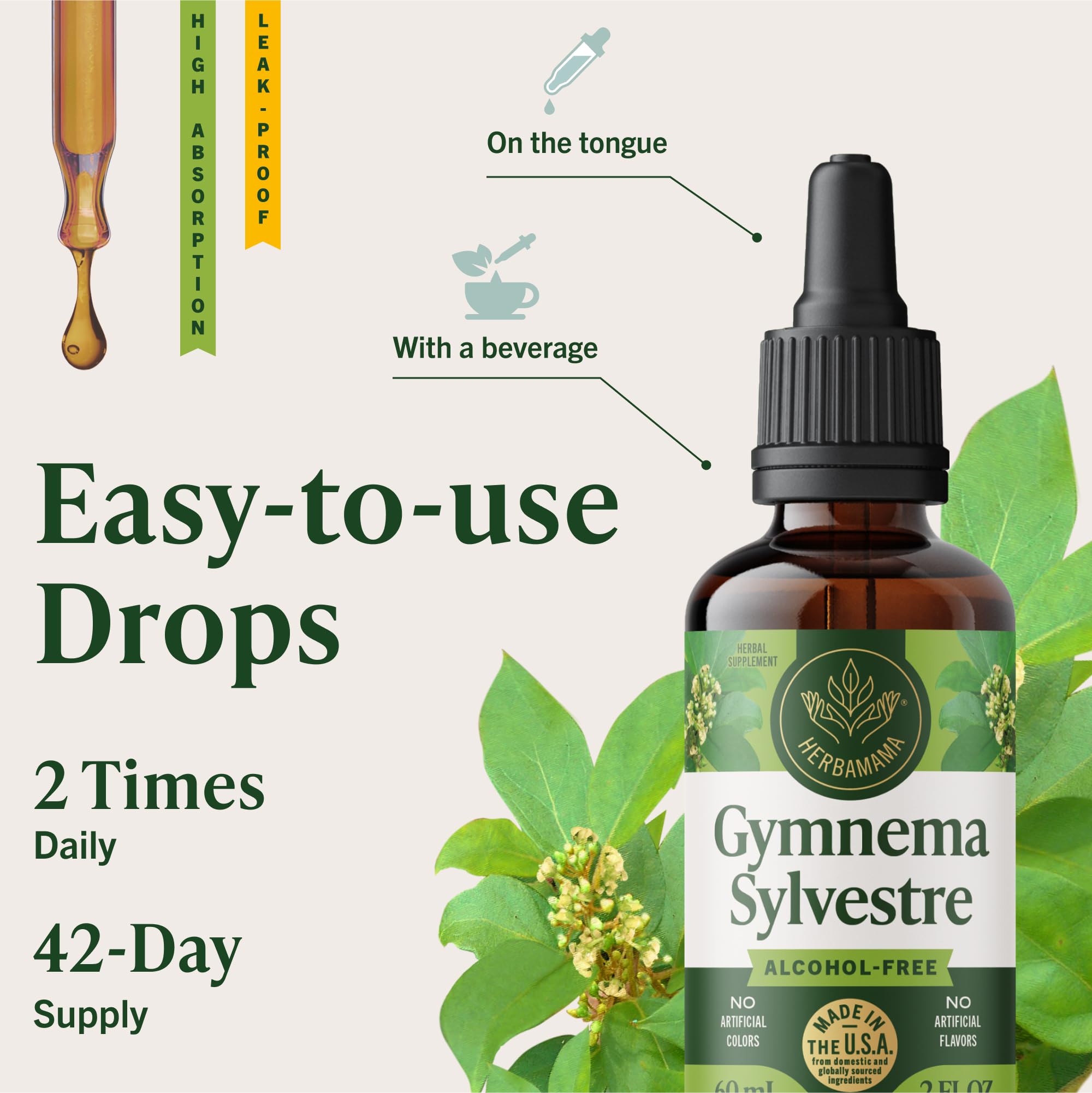 HERBAMAMA Gymnema Sylvestre Drops ingredients closeup emphasize three-ingredient vegan formula.