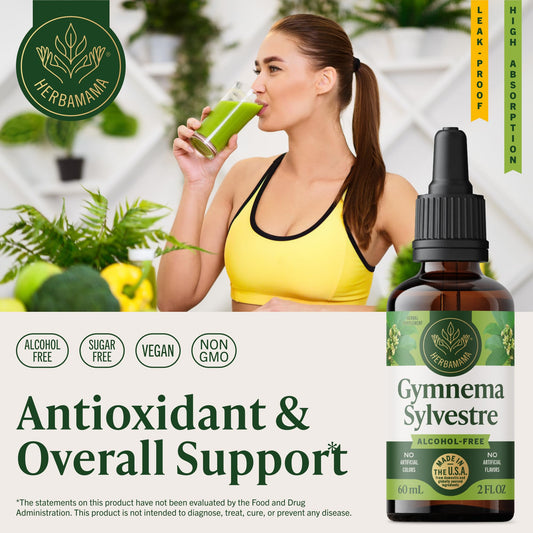 HERBAMAMA Gymnema Sylvestre Drops label closeup shows simple 3-ingredient formula.