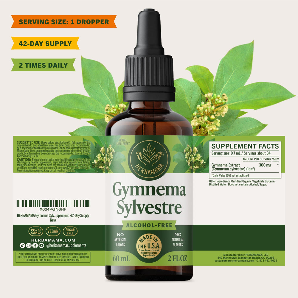 HERBAMAMA Gymnema Sylvestre Drops packaging notes 42-day supply value.
