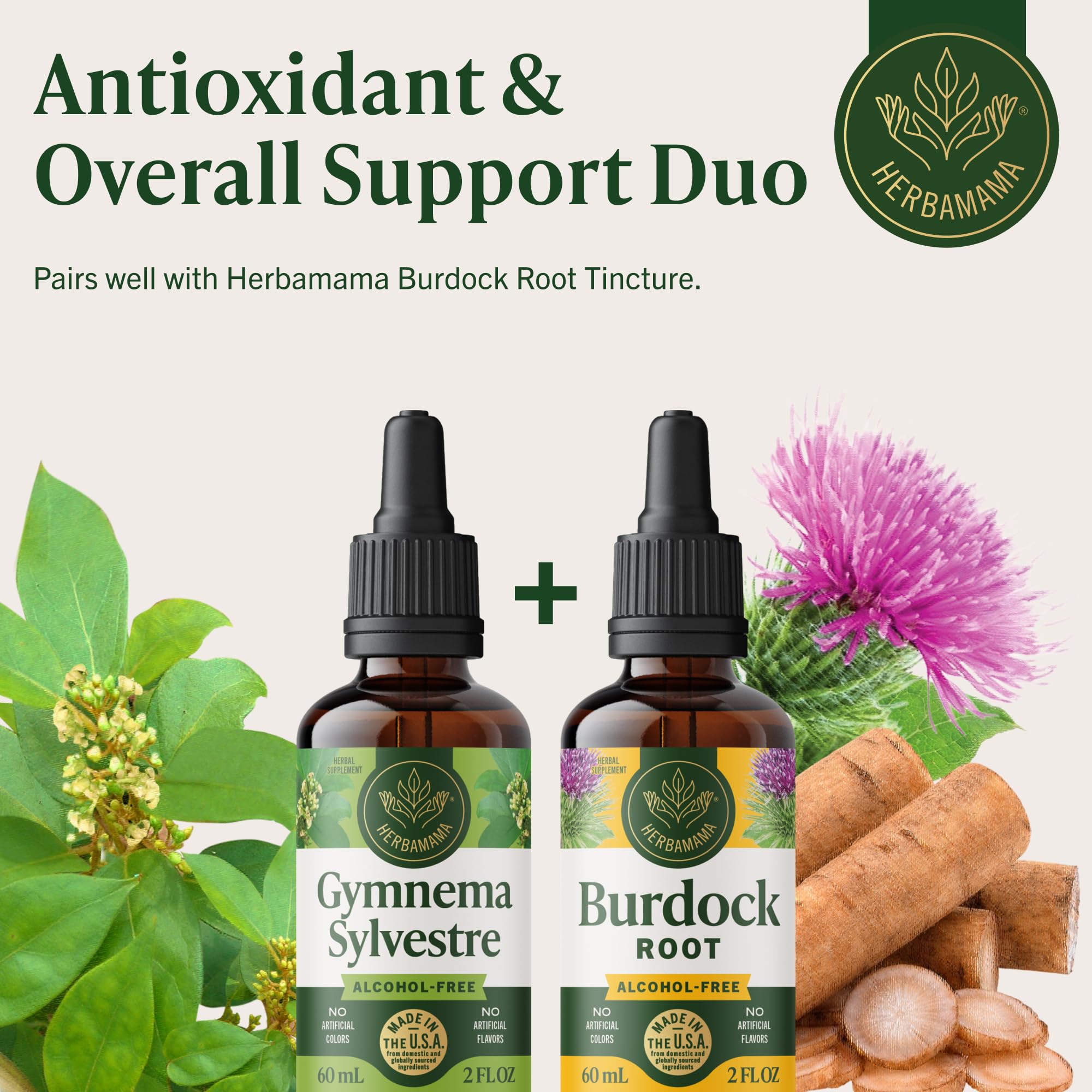 HERBAMAMA Gymnema Sylvestre Drops vegan formula packaging highlights non-GMO and alcohol-free.