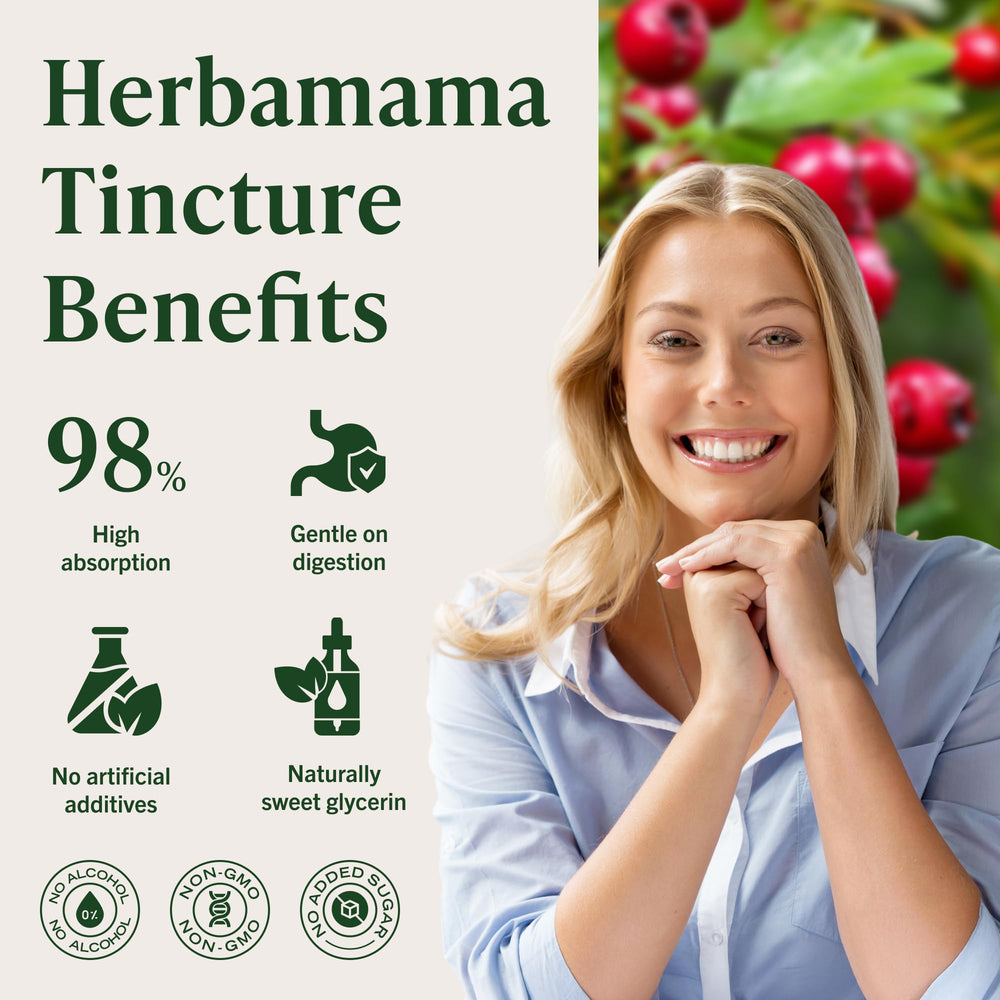HERBAMAMA Hawthorn Berry Drops label shows non-GMO and sugar-free formula
