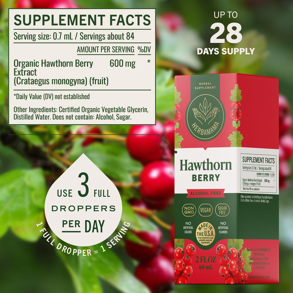 HERBAMAMA Hawthorn Berry Drops liquid beside a glass of water