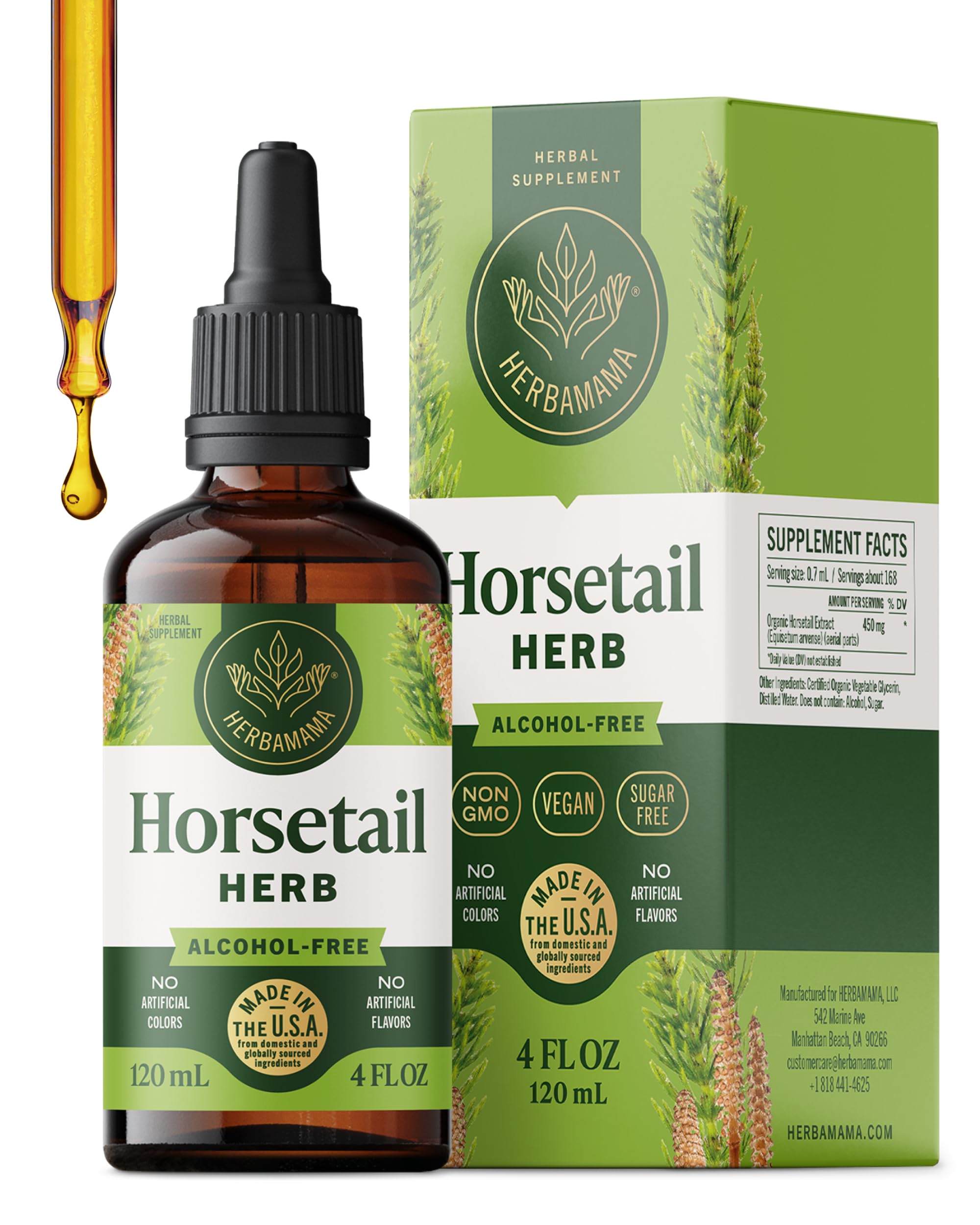 HERBAMAMA Horsetail Drops bottle showing a vegan, alcohol-free formula for daily beauty support