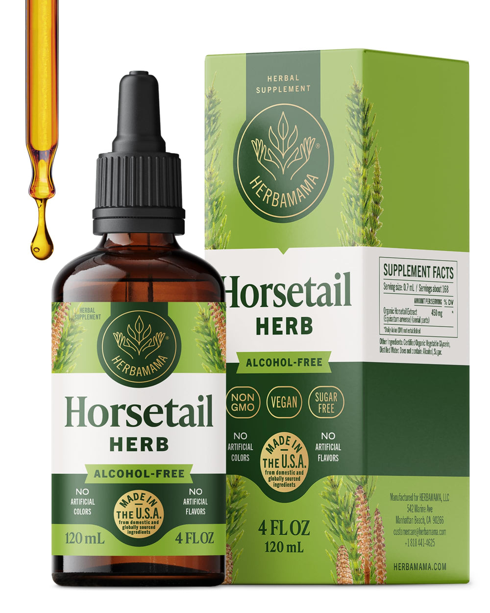 HERBAMAMA Horsetail Drops bottle showing a vegan, alcohol-free formula for daily beauty support
