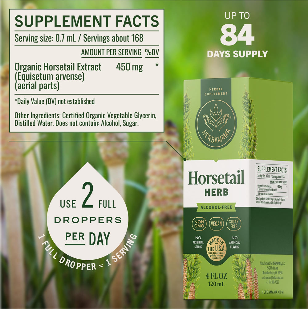 HERBAMAMA Horsetail Drops label close-up highlighting ingredients and benefits