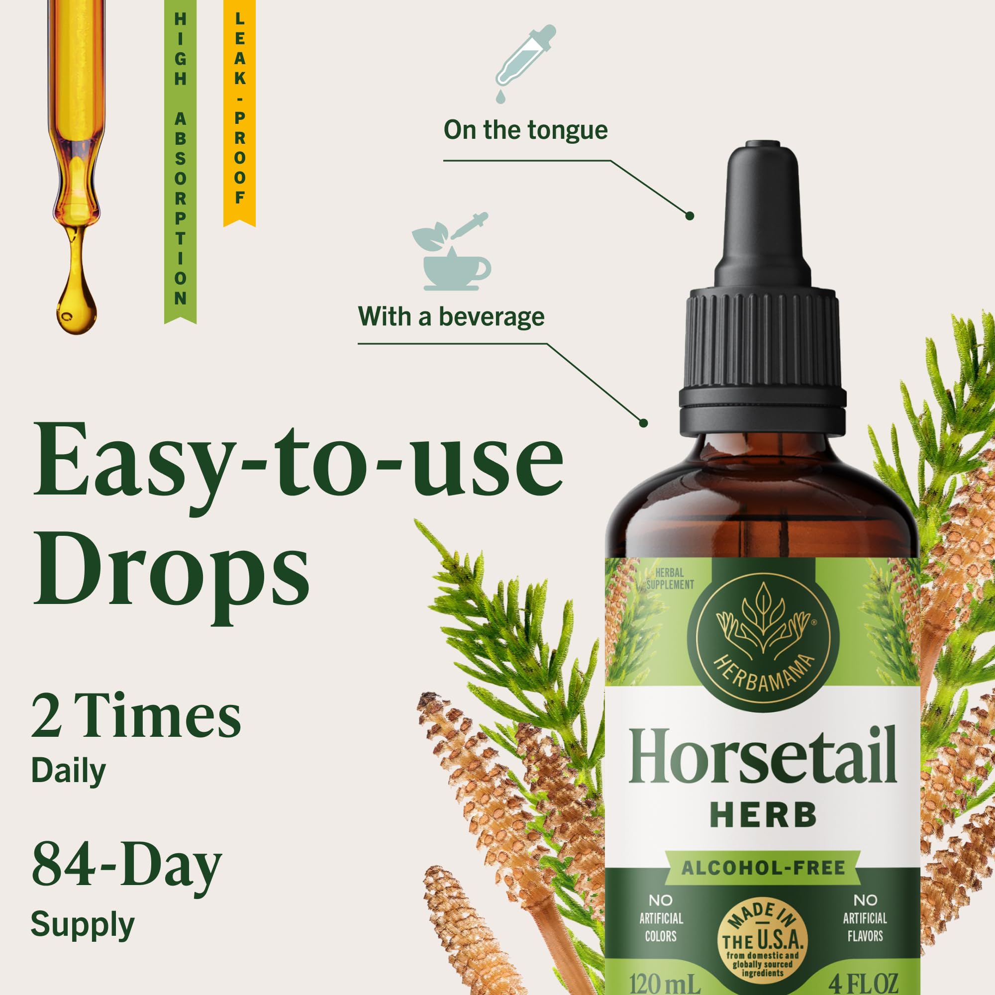 HERBAMAMA Horsetail Drops vegan symbol emphasizes plant-based formulation