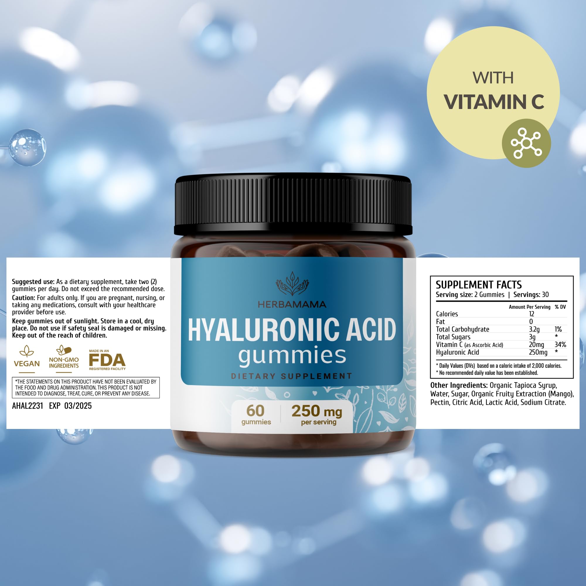 Ingredients panel of HERBAMAMA HA gummies with pectin-based formula