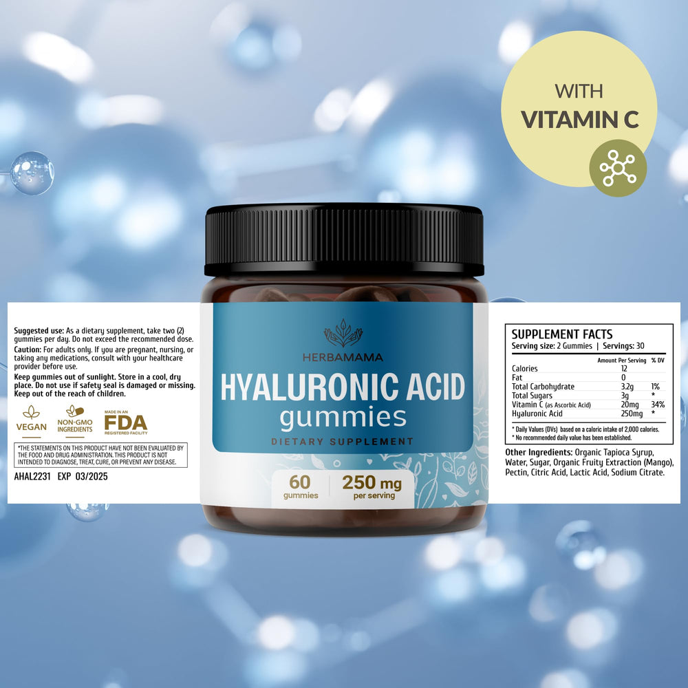 Ingredients panel of HERBAMAMA HA gummies with pectin-based formula