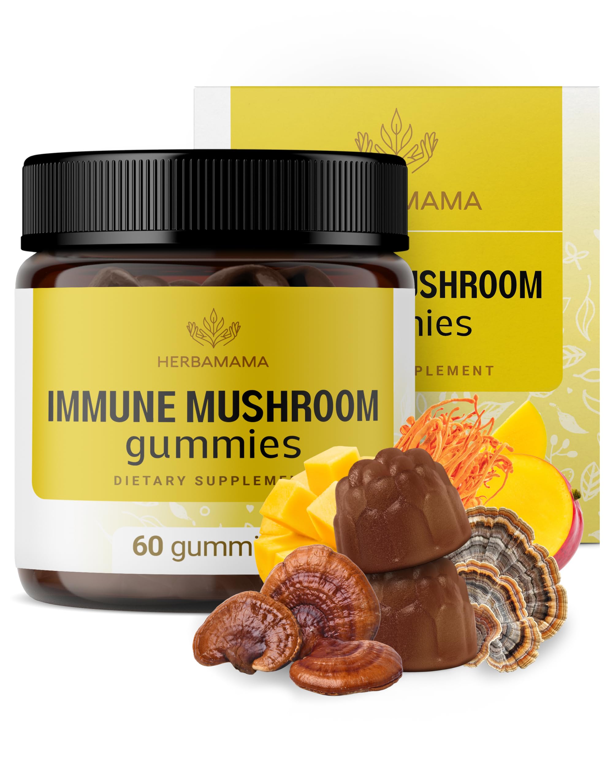 HERBAMAMA Immune Support Gummies bottle label highlighting mango flavor and antioxidant blend