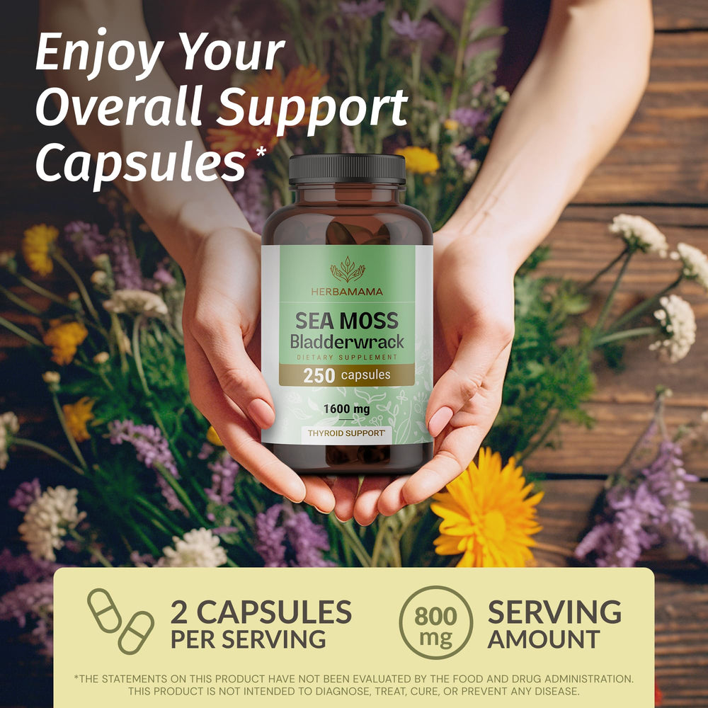 HERBAMAMA Irish Sea Moss capsules packaging highlighting vegan, non-GMO formula.
