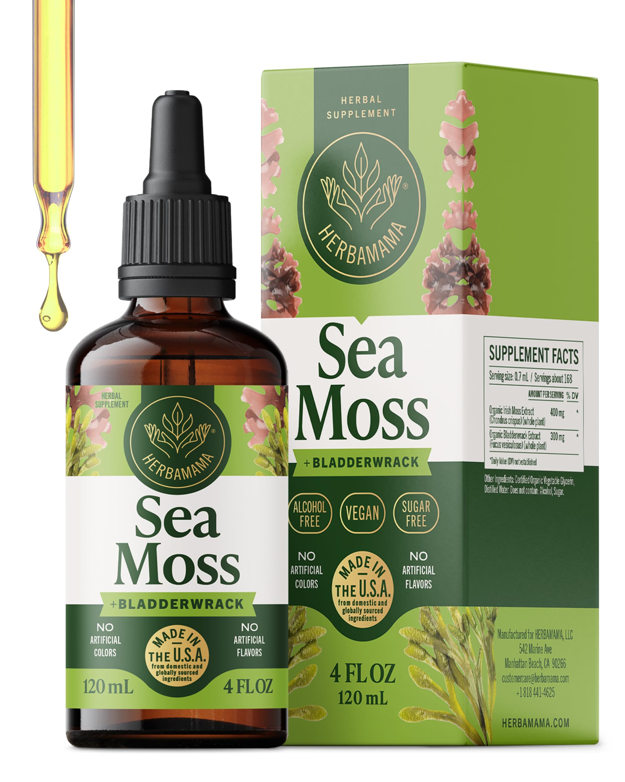 HERBAMAMA Irish Sea Moss Liquid Drops bottle front highlights vegan immune support.