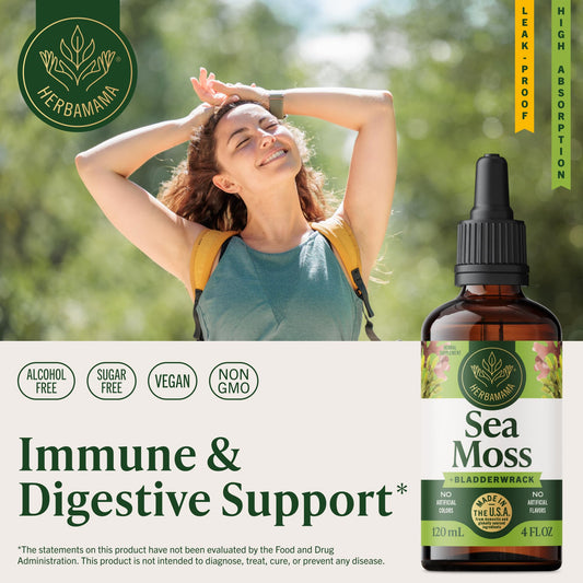 HERBAMAMA Irish Sea Moss Liquid Drops bottle side view shows compact 56-day supply for daily use.