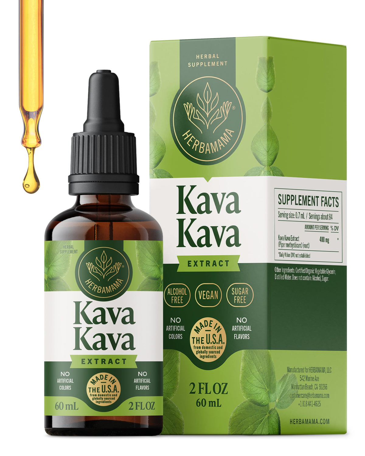 Herbamama Kava Kava Drops bottle front supports gentle mood calm.
