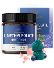 HERBAMAMA L-Methylfolate gummies in a blueberry bottle, showcasing calm daily support.