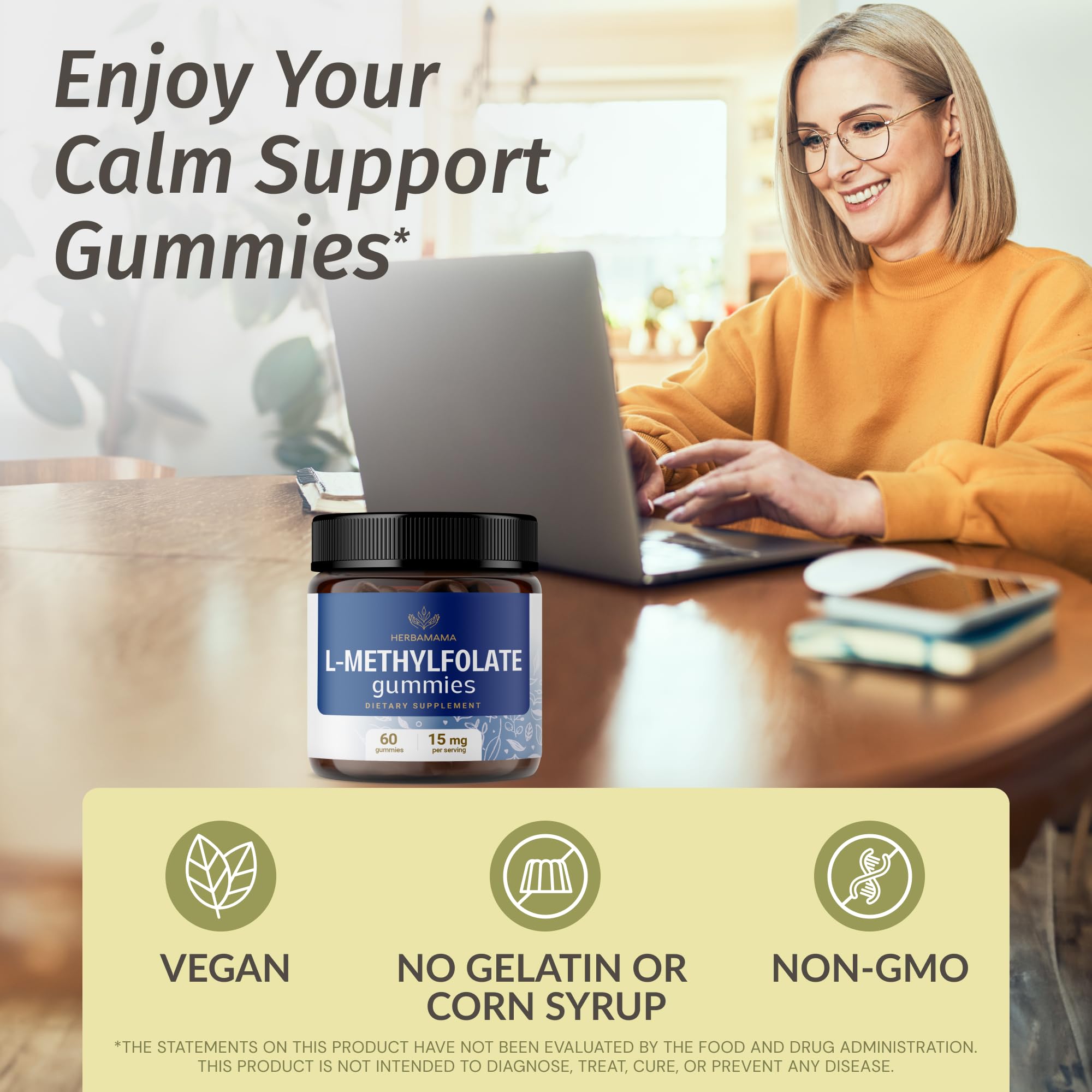 HERBAMAMA L-Methylfolate gummies close-up reveals soft texture and blueberry flavor.