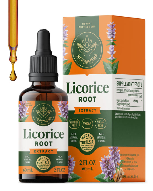 HERBAMAMA Licorice Root Tincture bottle for quick, alcohol-free support.