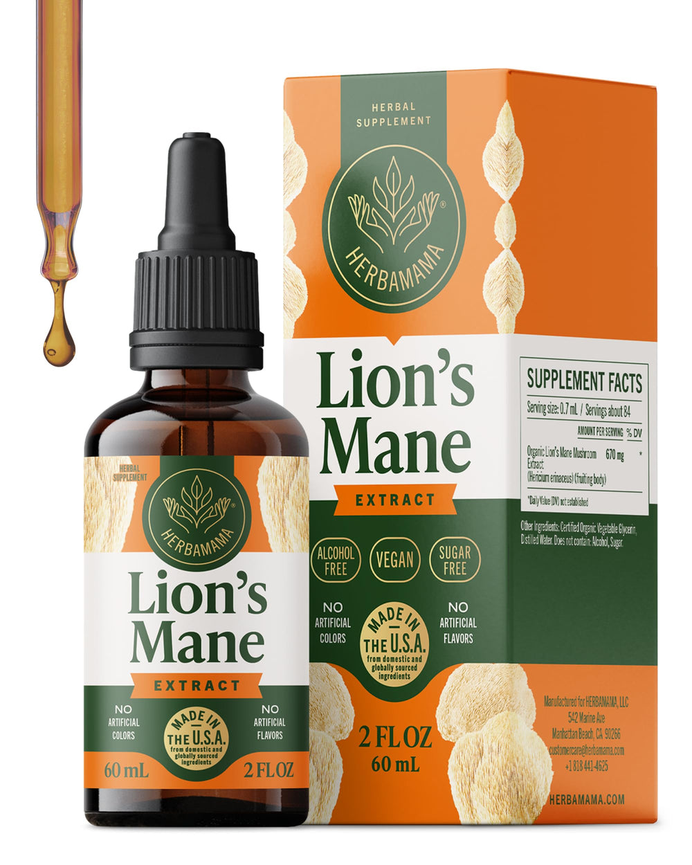 HERBAMAMA Lion's Mane tincture bottle highlights vegan brain focus and clarity
