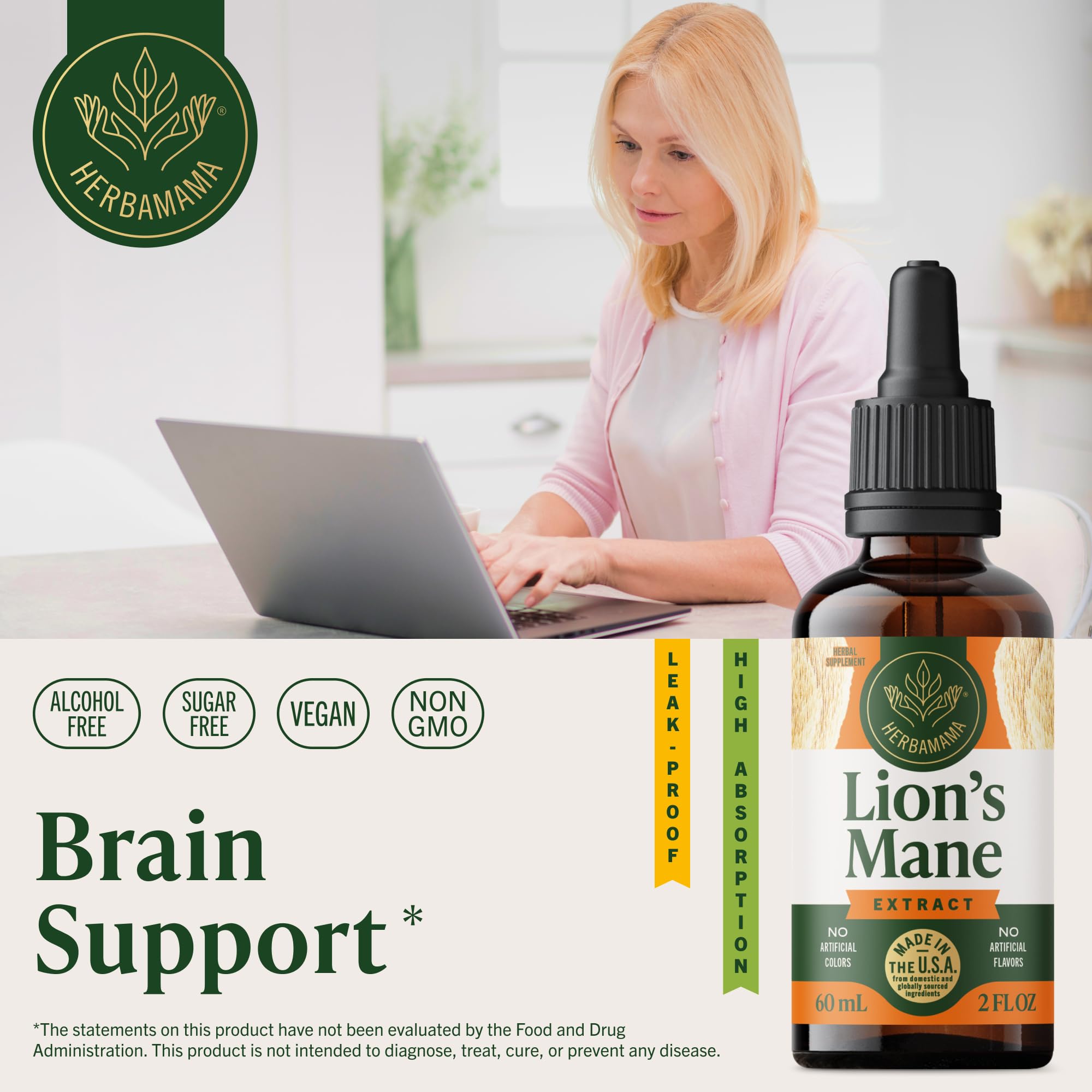 HERBAMAMA Lion's Mane tincture dropper shows fast-absorbing plant-based support