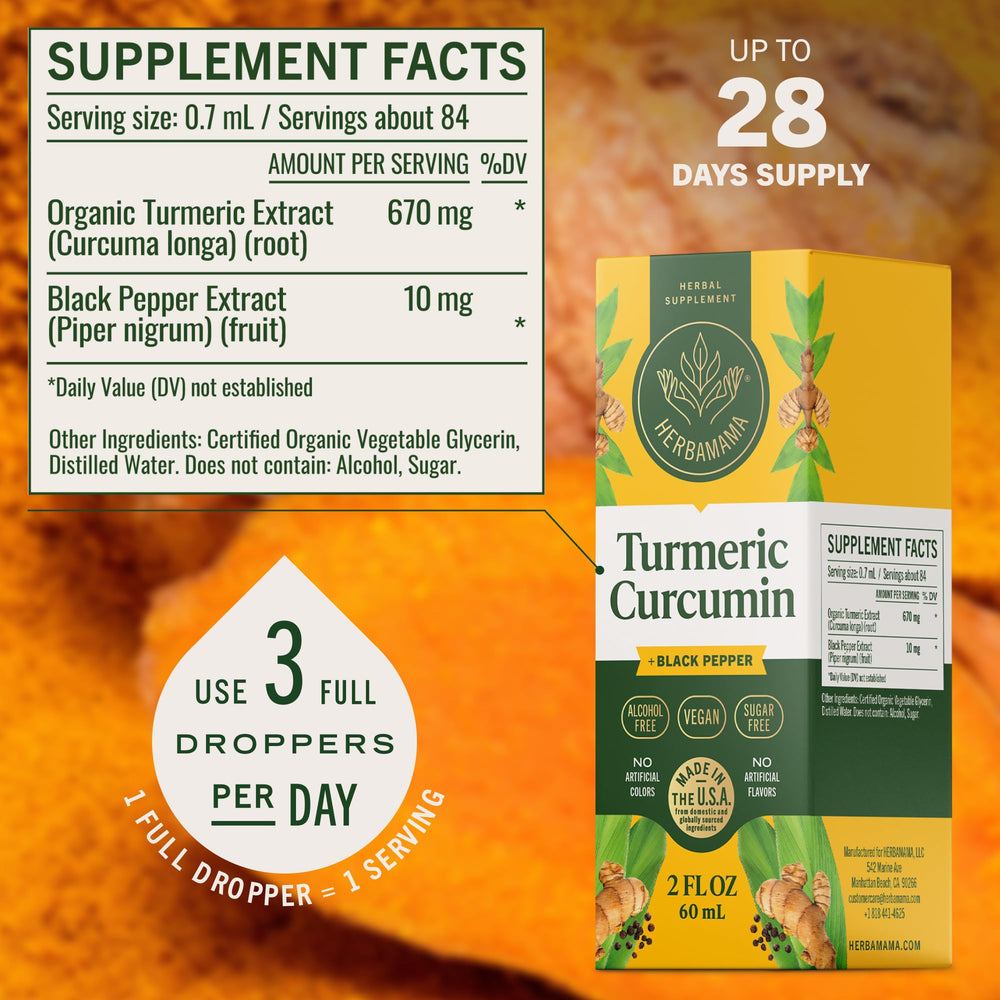 Front label of HERBAMAMA turmeric drops highlighting vegan, alcohol-free formula