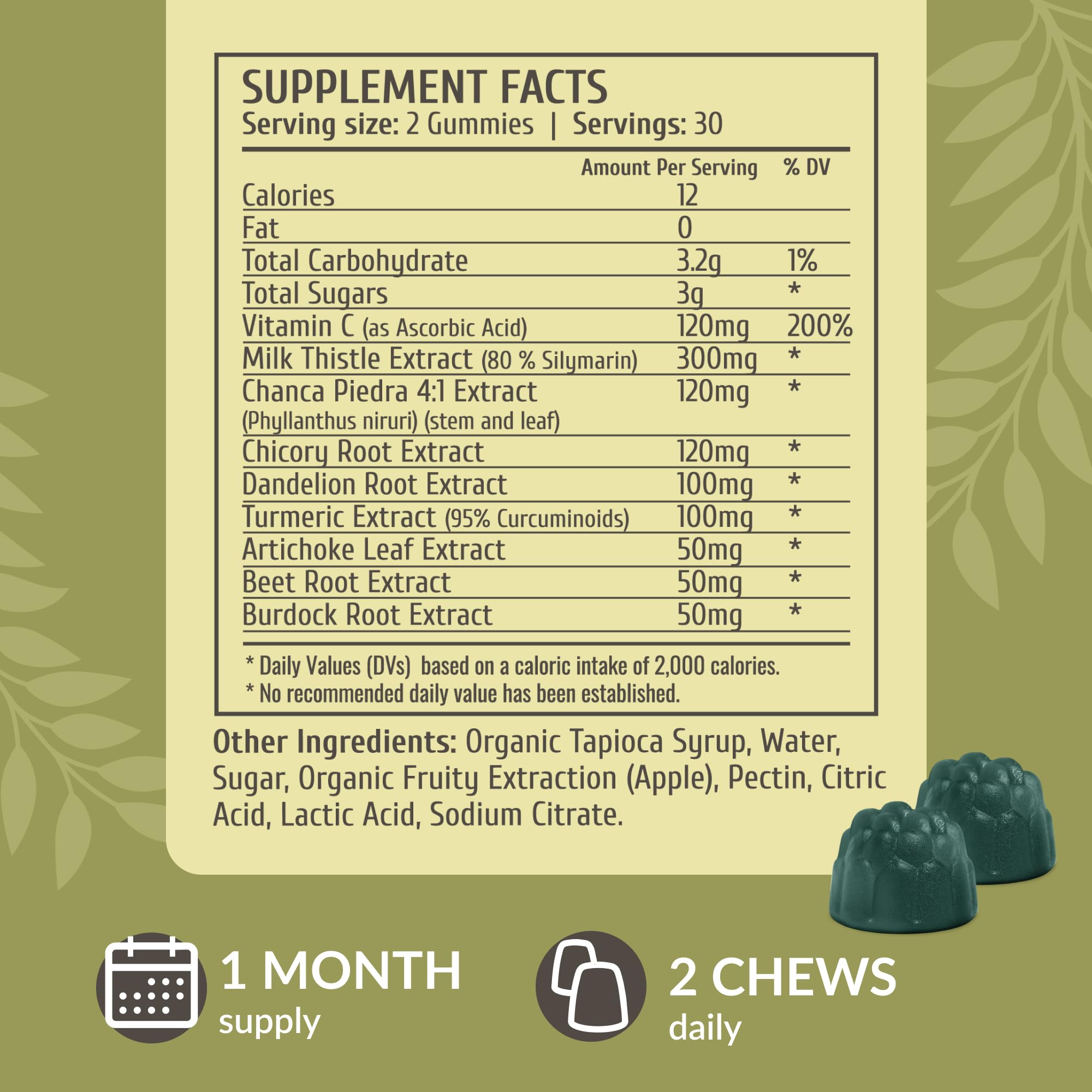 Milk thistle and dandelion ingredients visible in the gummies' formula.
