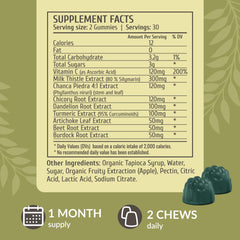 Milk thistle and dandelion ingredients visible in the gummies' formula.