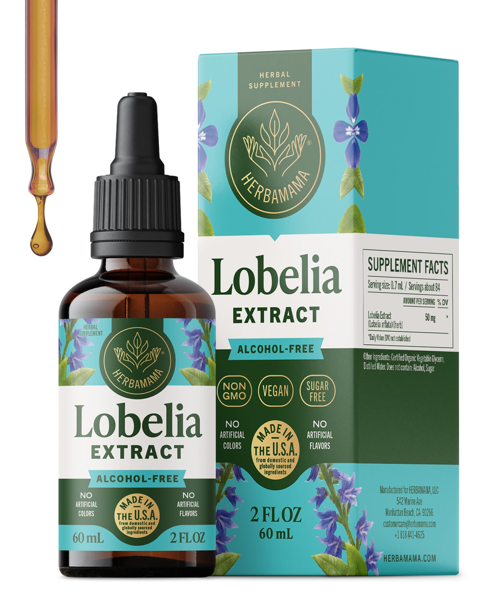 HERBAMAMA Lobelia tincture bottle for vegan lung support.